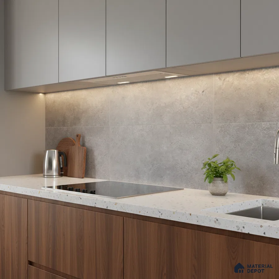 Modern kitchen with walnut wood laminate base cabinets, grey solid laminate wall cabinets, terrazzo countertop, and stone-look backsplash tile