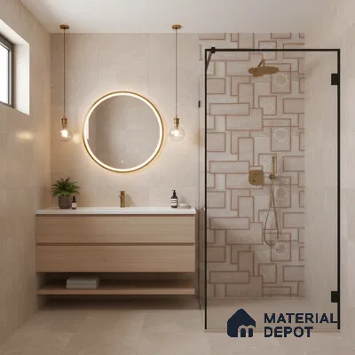 Modern bathroom with beige stone tiles, geometric patterned shower wall tile, and light oak vanity