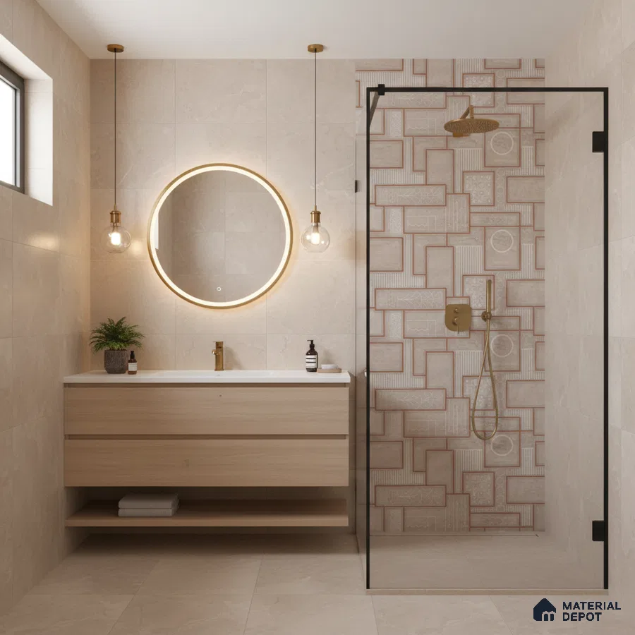 Modern bathroom with beige stone tiles, geometric patterned shower wall tile, and light oak vanity
