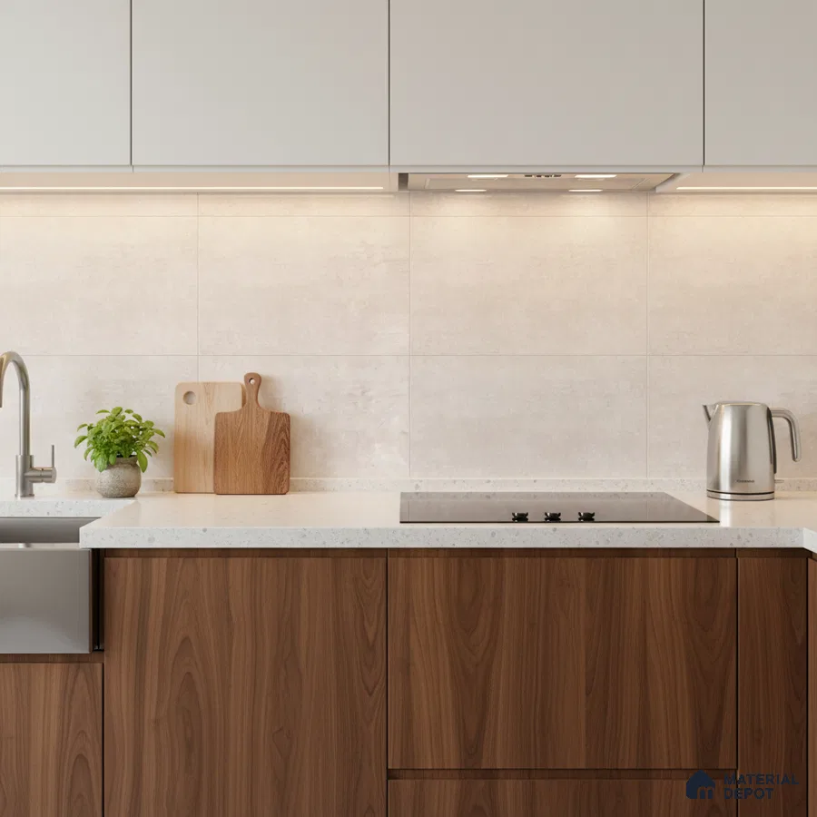 Scandinavian kitchen with walnut wood laminate, frosty white upper cabinets, and white quartz countertop