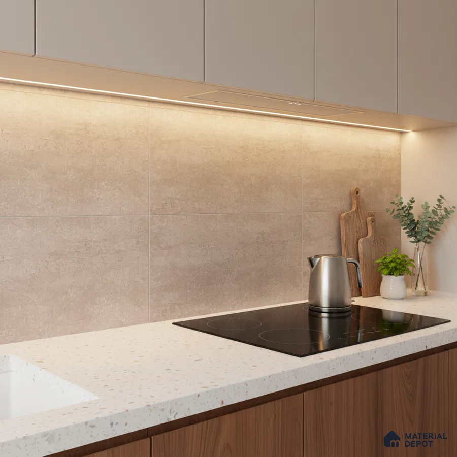 Modern kitchen with beige stone backsplash tile, white terrazzo countertop, and walnut wood laminate cabinets