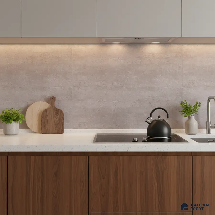 Modern kitchen with walnut brown laminate, grey stone backsplash tile, and white quartz countertop