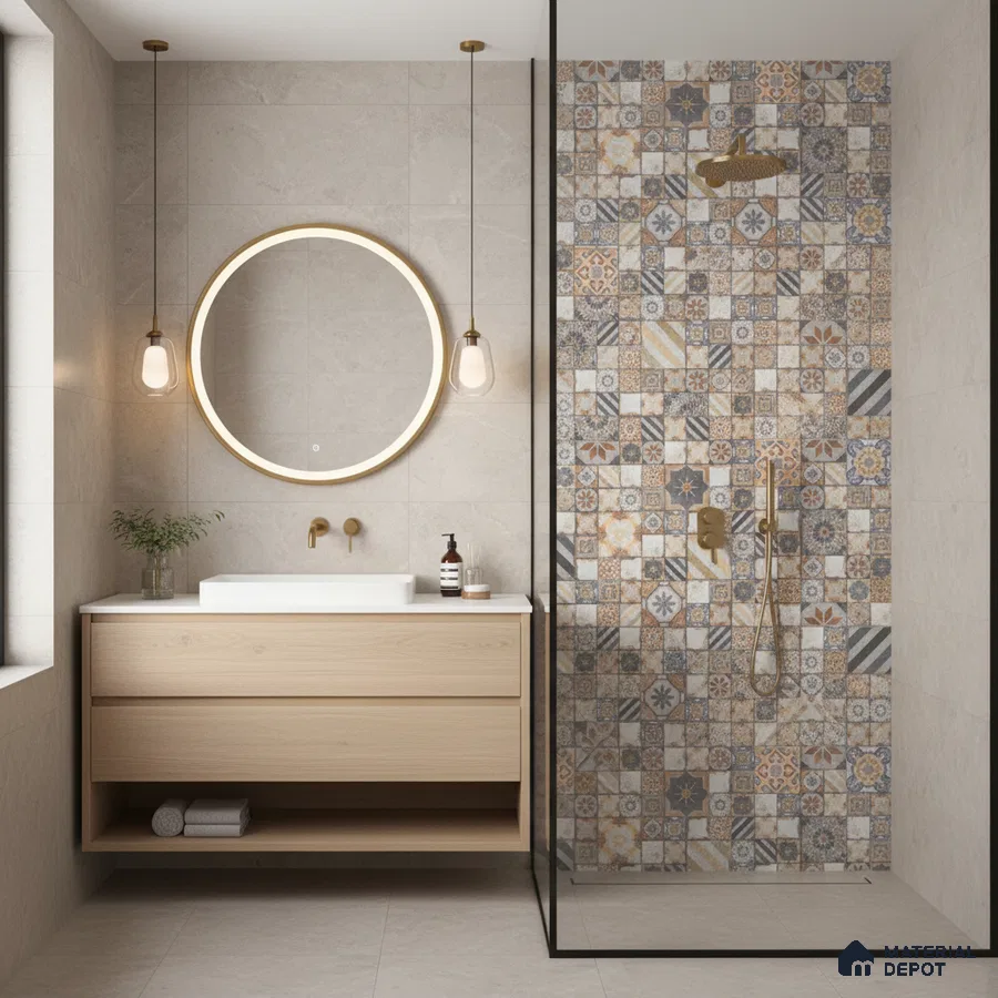 Eclectic kitchen with patterned moroccan backsplash tiles and matte beige laminate cabinets