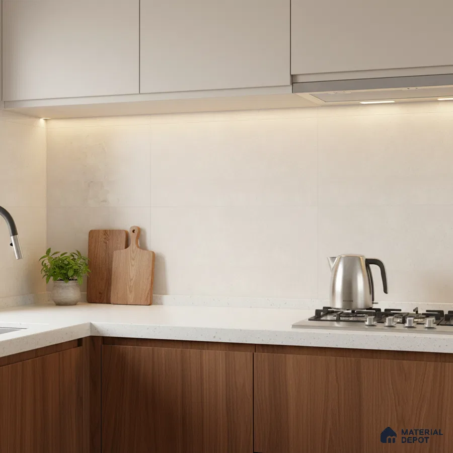 Modern kitchen with walnut wood laminate base cabinets, frosty white laminate upper cabinets, and white quartz countertop