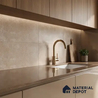 Modern kitchen with beige stone backsplash tile, glossy taupe laminate cabinets, and wood grain upper cabinets