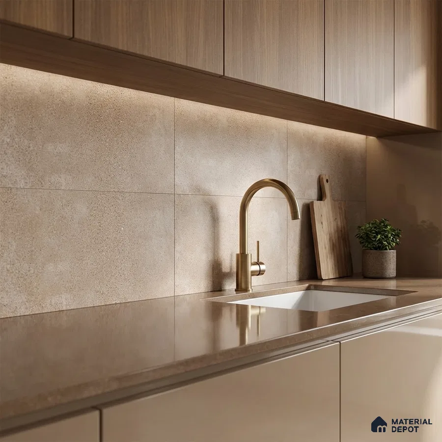 Modern kitchen with beige stone backsplash tile, glossy taupe laminate cabinets, and wood grain upper cabinets
