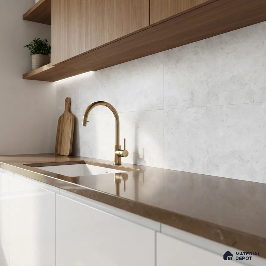 Modern kitchen with walnut wood laminate cabinets, brown quartz countertop, and light grey stone backsplash tile
