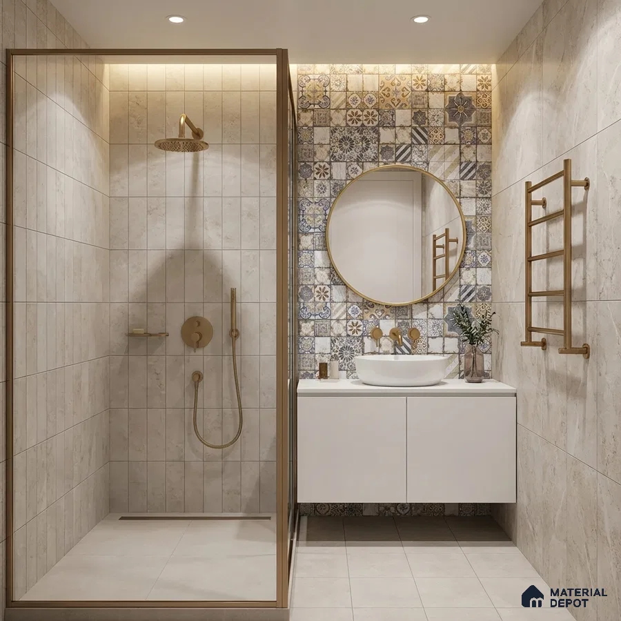 Modern bathroom with beige stone wall tiles, patterned moroccan accent tiles, and floating white vanity