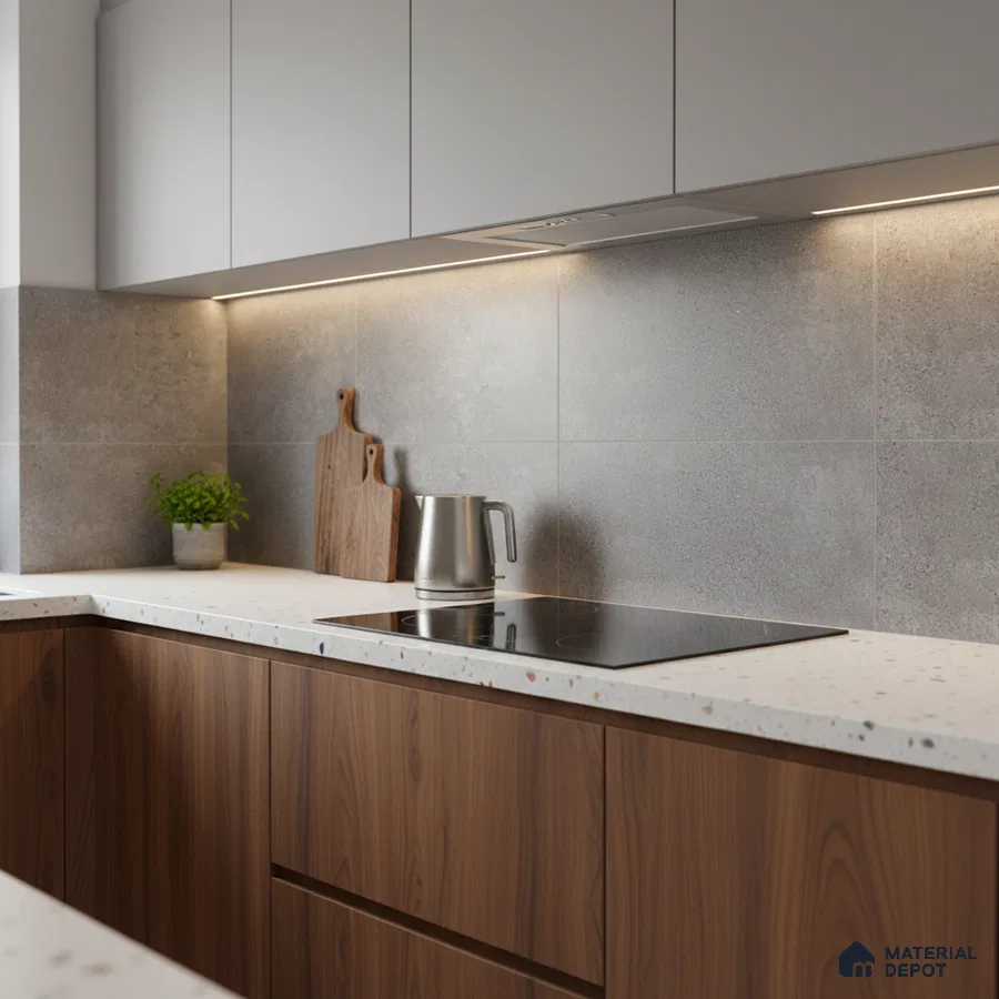 Modern kitchen with walnut wood laminate, terrazzo countertop, and grey stone backsplash tiles