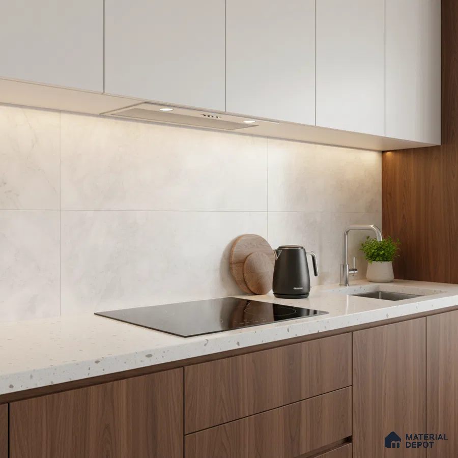 Modern kitchen with walnut wood laminate, white quartz countertop, and marble-look backsplash tile