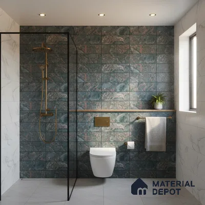 Modern bathroom with teal marble-look wall tiles and white marble wall tiles