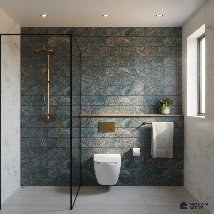 Modern bathroom with teal marble-look wall tiles and white marble wall tiles
