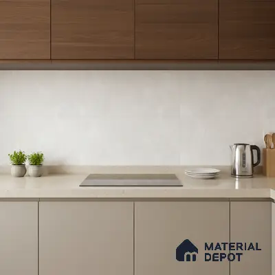 Modern kitchen with walnut wood laminate, beige solid color laminate, and marble-look backsplash tile