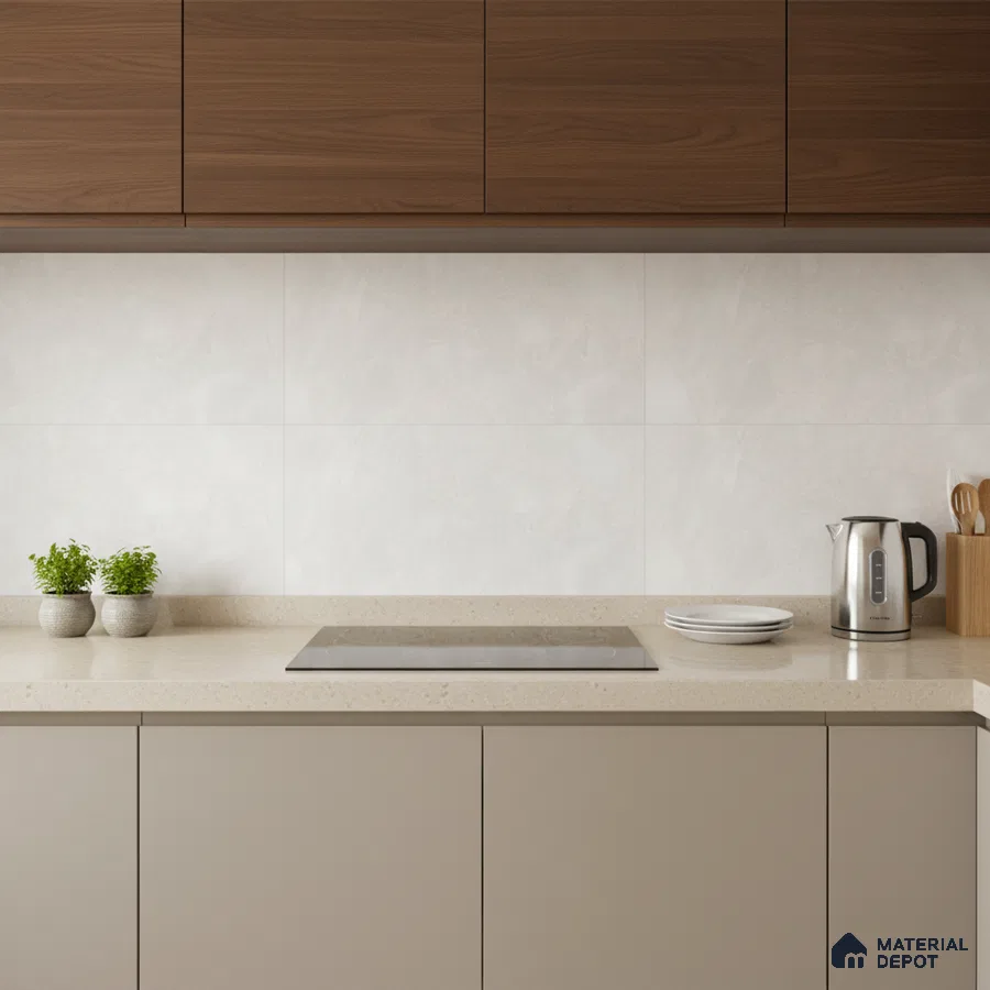 Modern kitchen with walnut wood laminate, beige solid color laminate, and marble-look backsplash tile