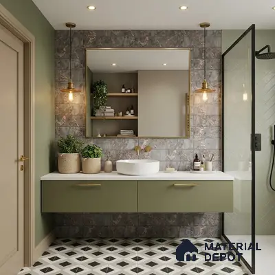 Modern bathroom with olive green vanity, marble look wall tiles, and black-and-white geometric floor tiles