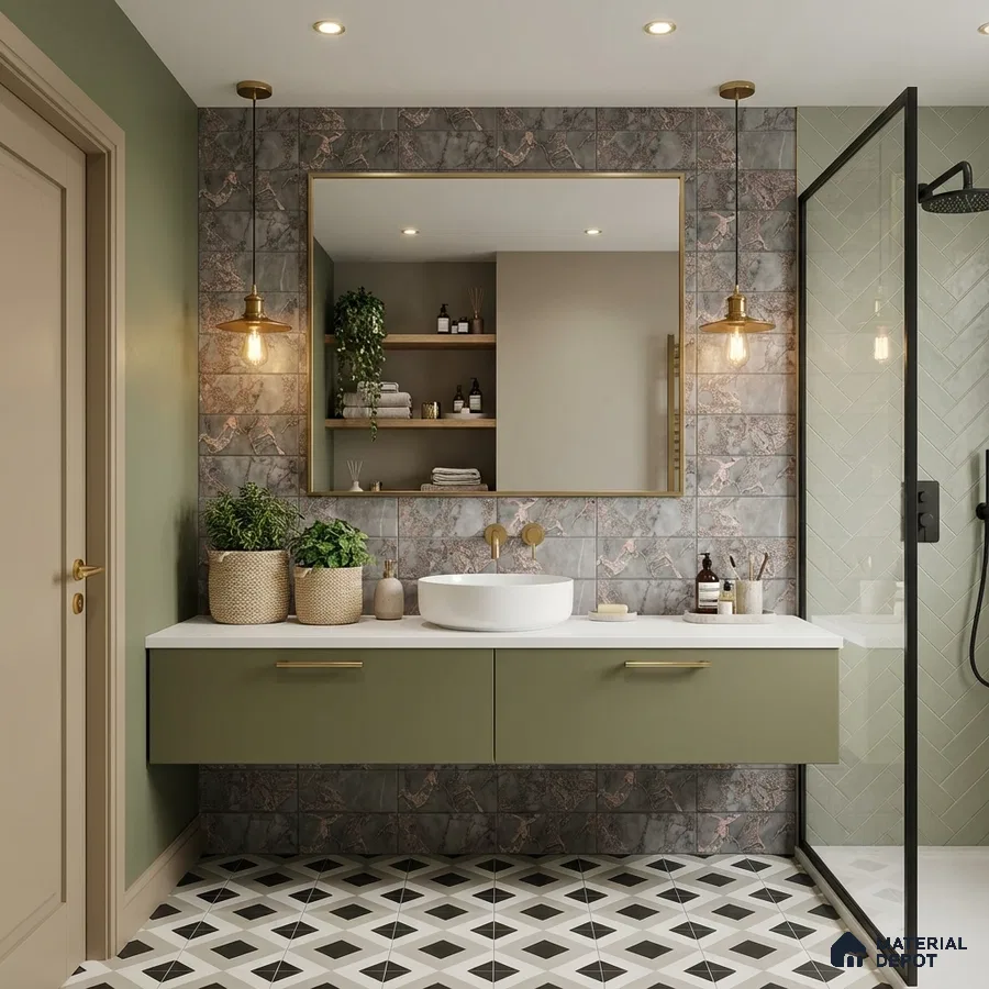 Modern bathroom with olive green vanity, marble look wall tiles, and black-and-white geometric floor tiles