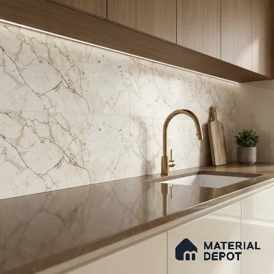 Modern kitchen with beige marble-look backsplash tile, brown quartz countertop, and wood grain laminate cabinets