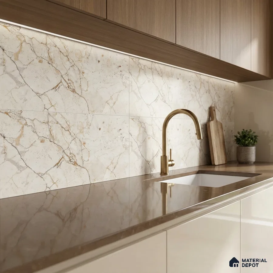 Modern kitchen with beige marble-look backsplash tile, brown quartz countertop, and wood grain laminate cabinets