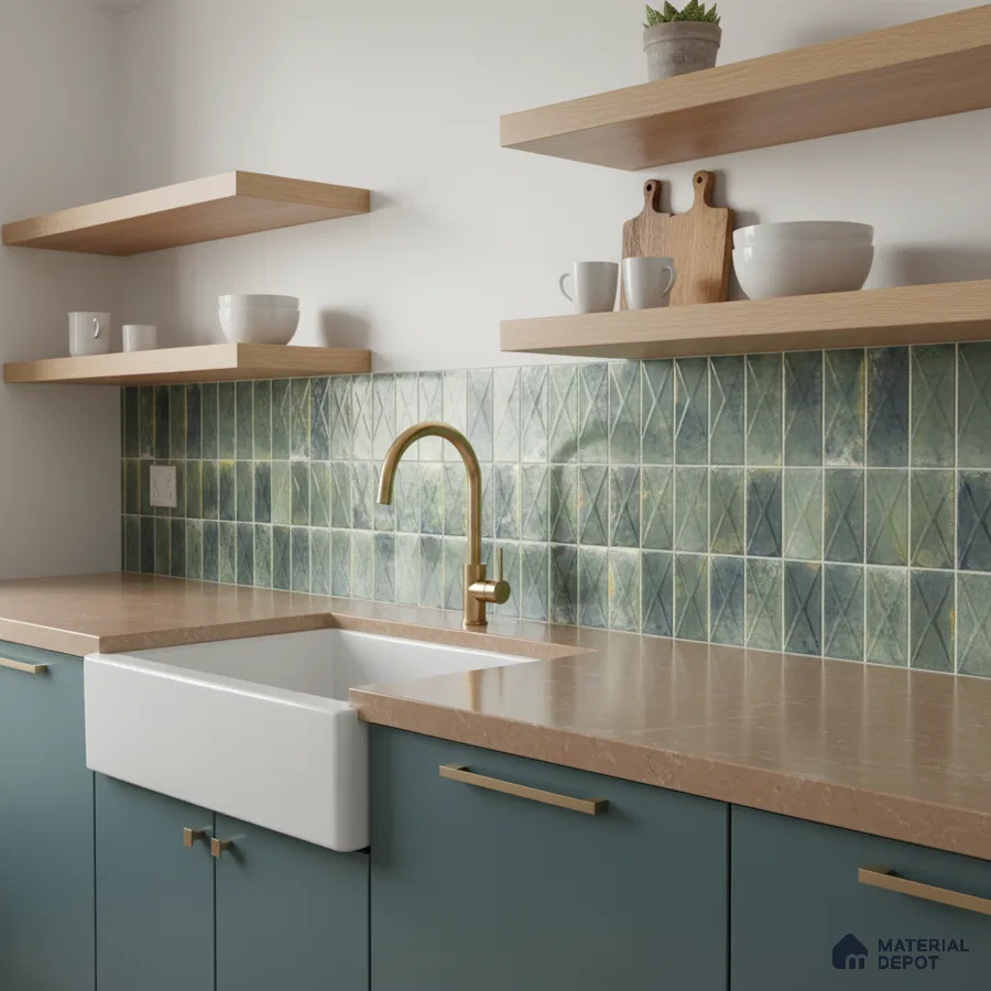 Modern kitchen with green geometric backsplash tile, taupe quartz countertop, and matte blue laminate cabinets