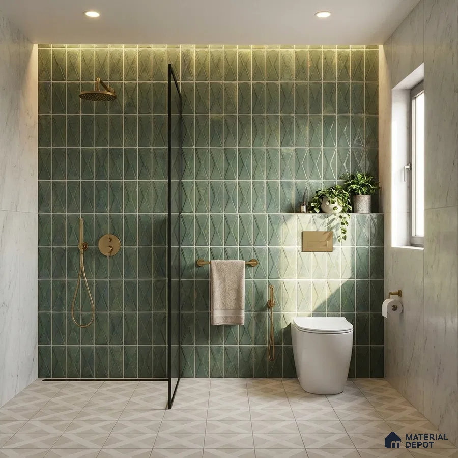 Modern bathroom with green geometric wall tiles and patterned beige floor tiles
