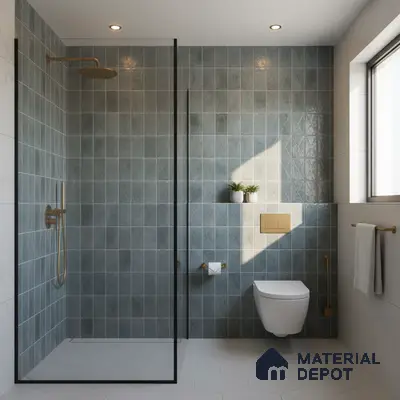 Modern bathroom with sage green wall tiles and white hexagonal floor tiles