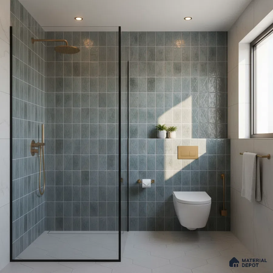 Modern bathroom with sage green wall tiles and white hexagonal floor tiles