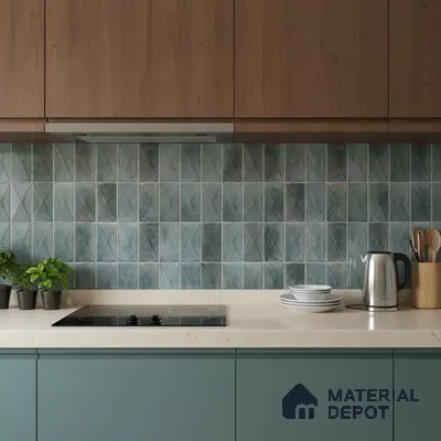 Modern kitchen with walnut wood laminate, sage green base cabinets, and geometric blue backsplash tile