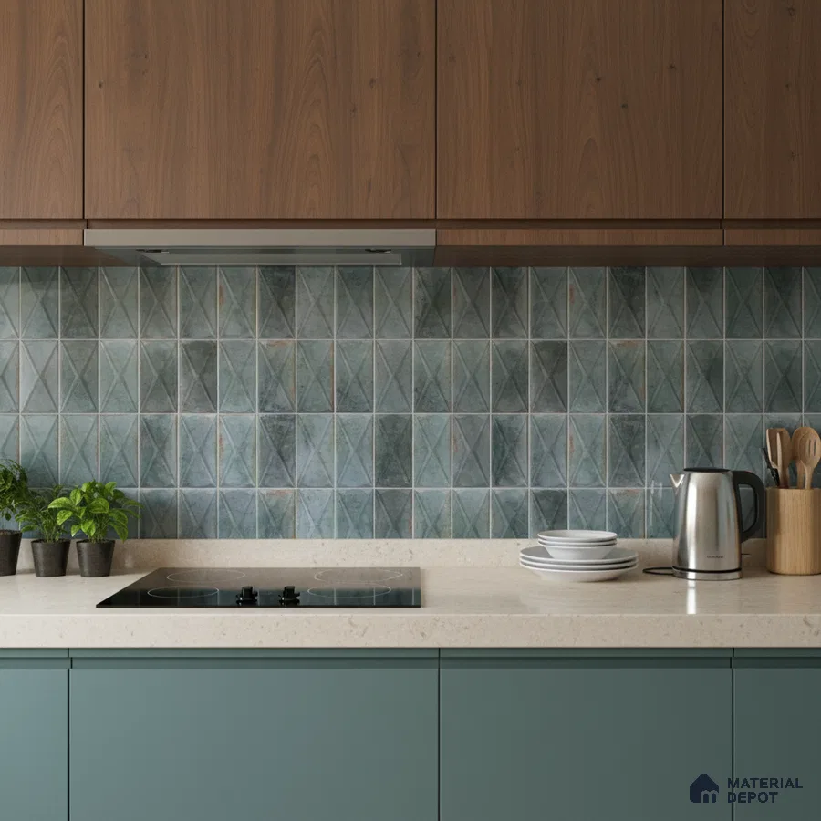 Modern kitchen with walnut wood laminate, sage green base cabinets, and geometric blue backsplash tile