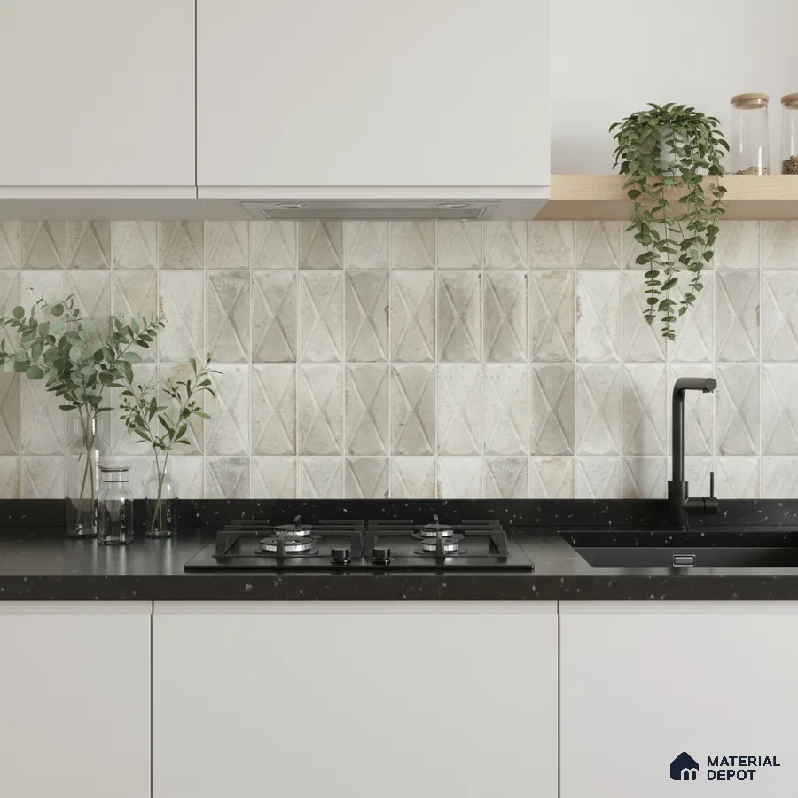 Modern kitchen with geometric beige backsplash tile, frosty white laminate cabinets, and black quartz countertop