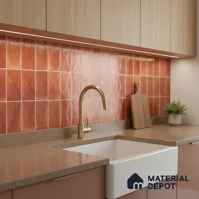 Modern kitchen with terracotta geometric backsplash tile, taupe quartz countertop, and light wood laminate cabinets