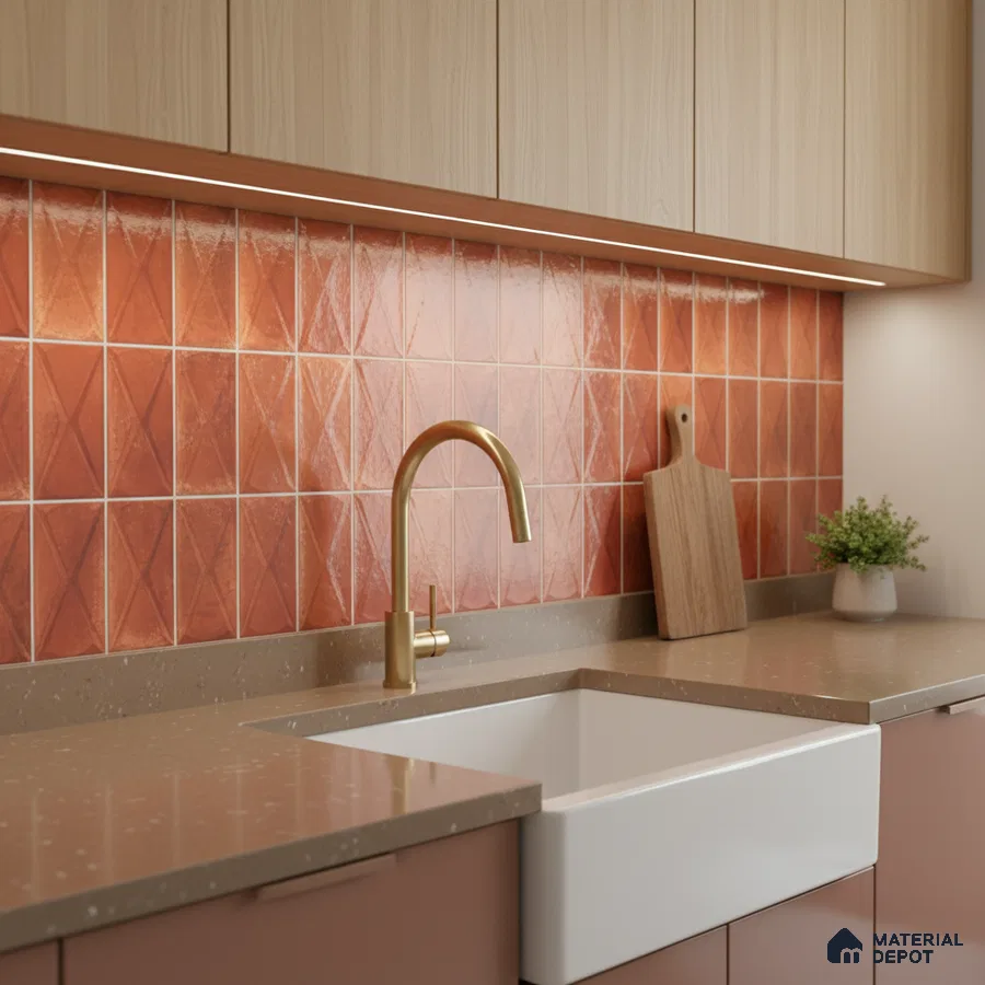 Modern kitchen with terracotta geometric backsplash tile, taupe quartz countertop, and light wood laminate cabinets