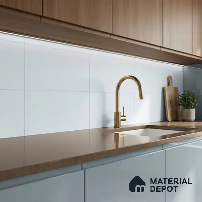 Modern kitchen with light wood laminate cabinets, brown quartz countertop, and frosty white backsplash tile