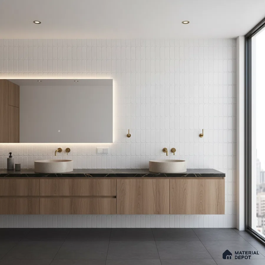 Minimalist bathroom with white kitkat wall tiles, black quartz countertop, and natural oak laminate vanity