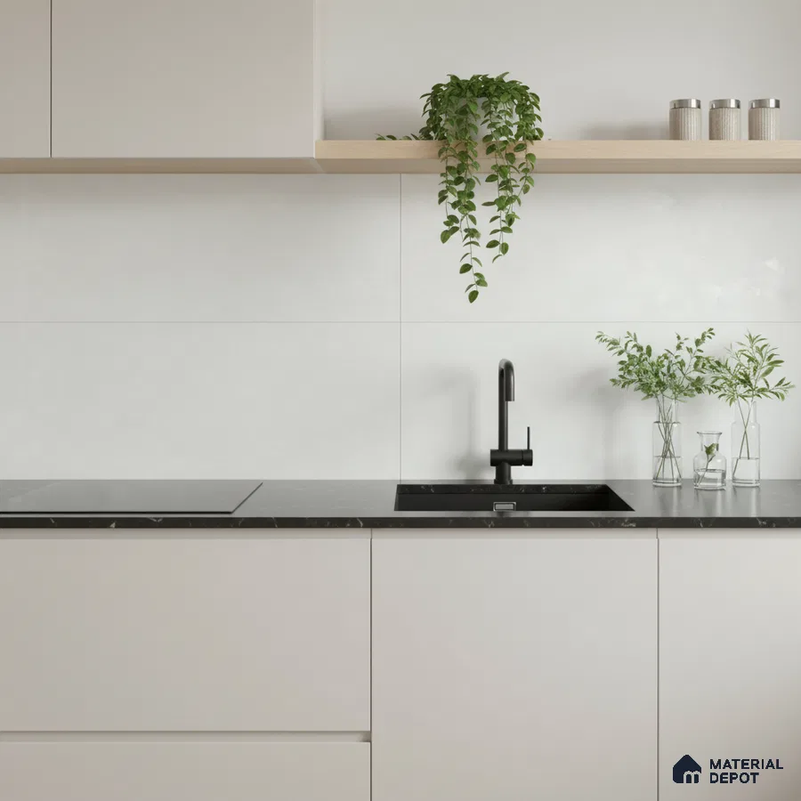 Minimalist kitchen with matte white laminate cabinets and black marble countertop