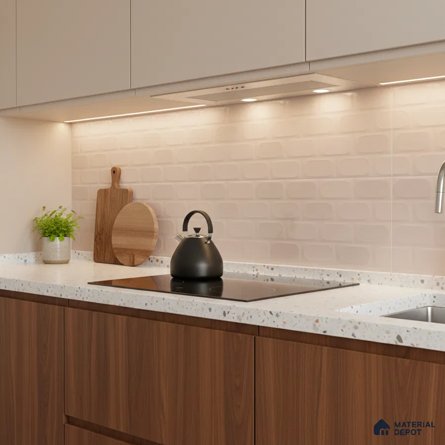 Modern kitchen with walnut wood laminate, terrazzo countertop, and beige geometric backsplash tile