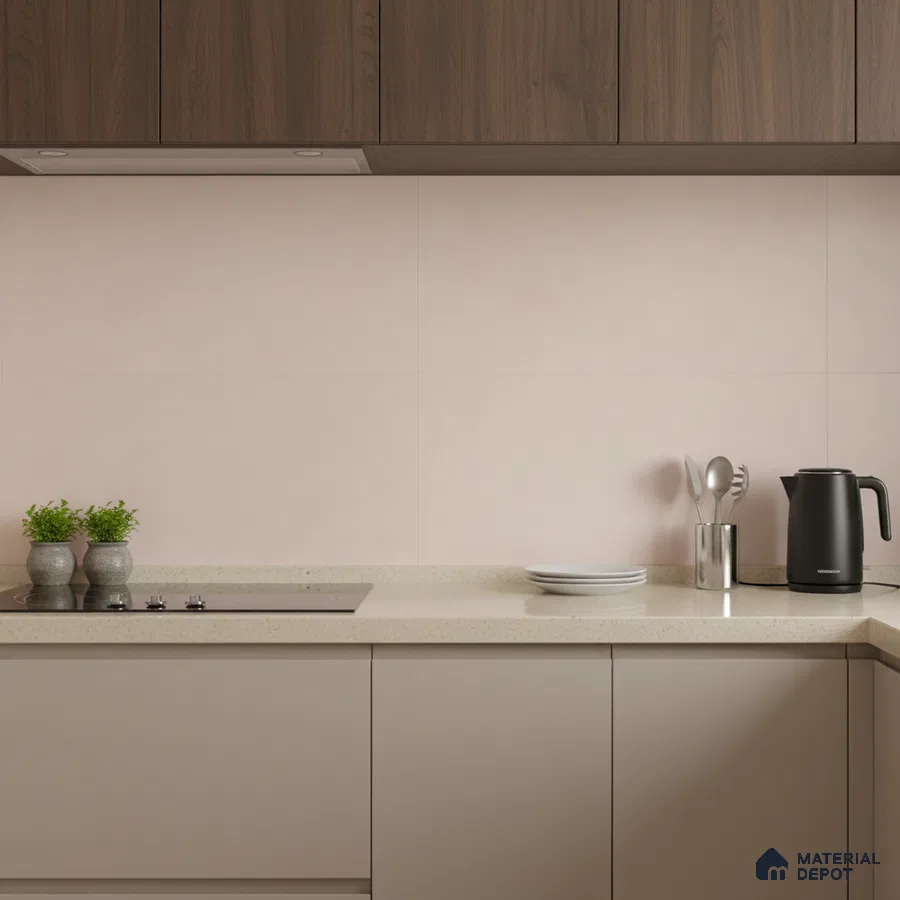 Modern kitchen with taupe laminate base cabinets, walnut wood laminate overheads, and pastel pink wall tiles