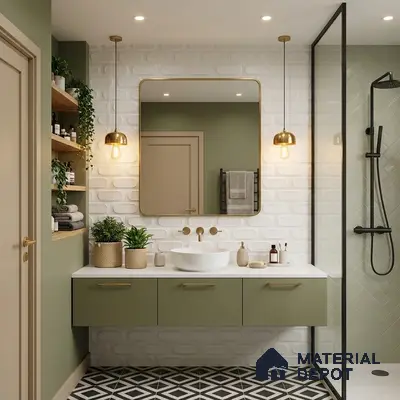 Modern bathroom with olive green laminate vanity, white 3D subway wall tiles, and black-and-white geometric floor tiles