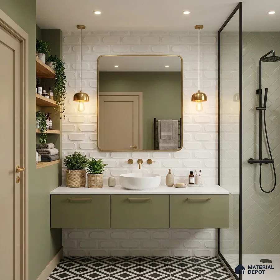 Modern bathroom with olive green laminate vanity, white 3D subway wall tiles, and black-and-white geometric floor tiles