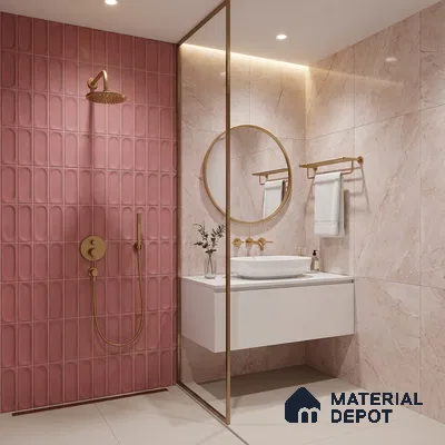 Modern bathroom with blush pink patterned wall tile and marble-look wall tiles