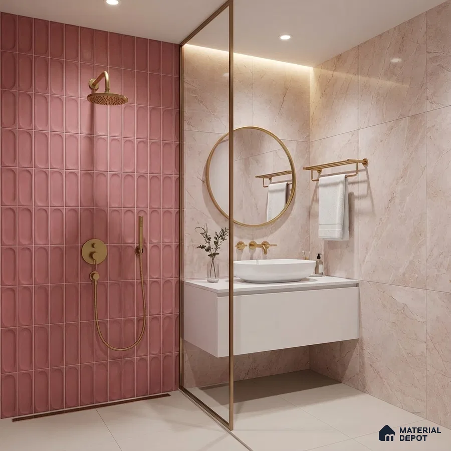 Modern bathroom with blush pink patterned wall tile and marble-look wall tiles