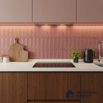Modern kitchen with blush pink kitkat wall tiles, walnut wood laminate base cabinets, and white quartz countertop