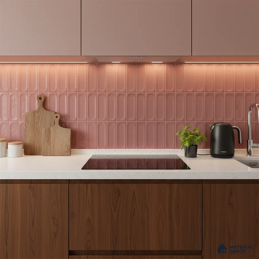 Modern kitchen with blush pink kitkat wall tiles, walnut wood laminate base cabinets, and white quartz countertop