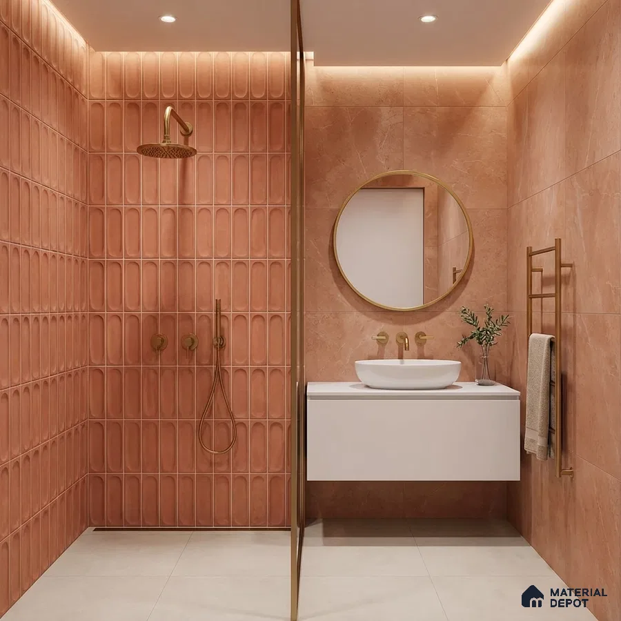 Modern bathroom with terracotta fluted wall tiles and matte beige floor tiles