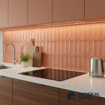 Modern kitchen with terracotta popsicle backsplash tile, walnut wood laminate base cabinets, and white quartz countertop