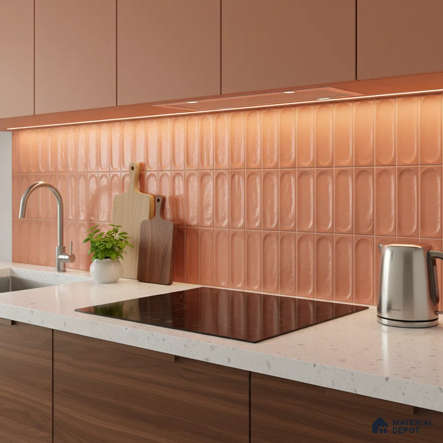 Modern kitchen with terracotta popsicle backsplash tile, walnut wood laminate base cabinets, and white quartz countertop