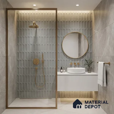 Modern bathroom with grey elongated kitkat wall tiles, beige marble-look wall tiles, and floating white vanity