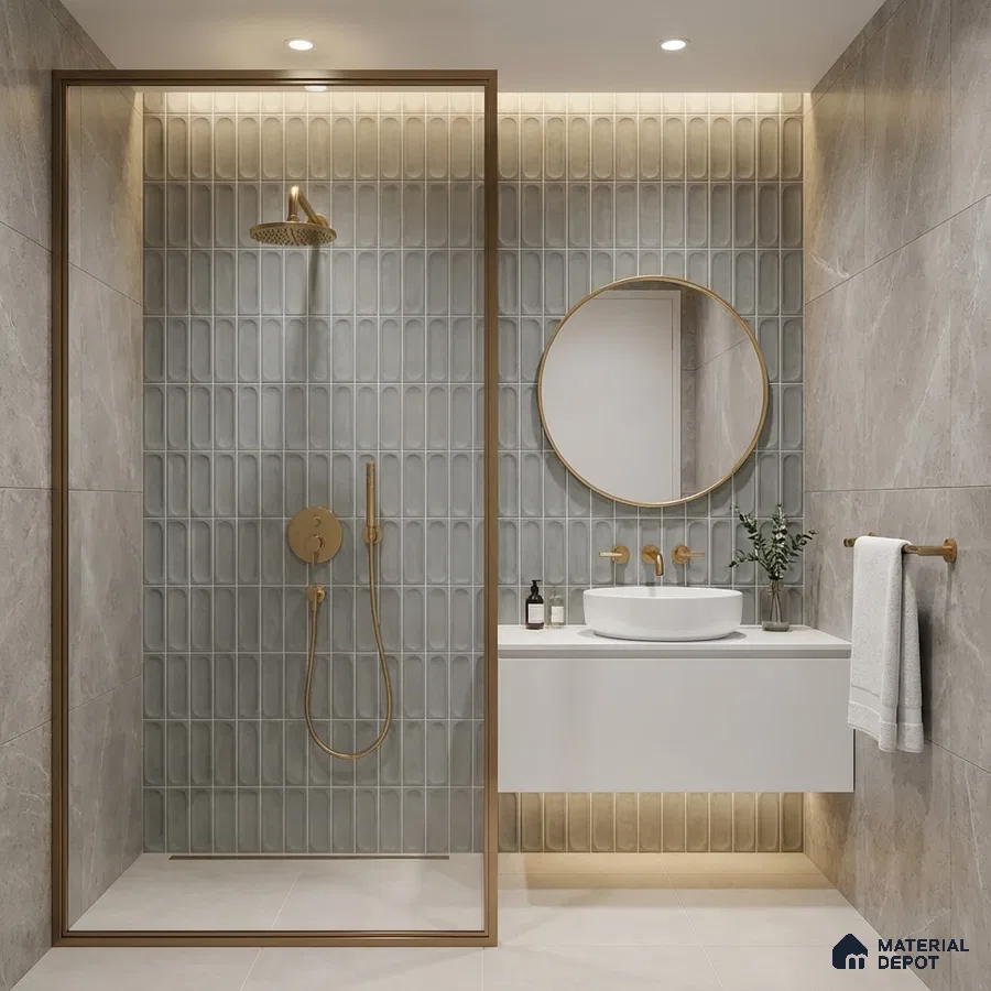 Modern bathroom with grey elongated kitkat wall tiles, beige marble-look wall tiles, and floating white vanity