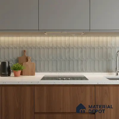 Modern kitchen with grey matte laminate, white quartz countertop, and wood base cabinets