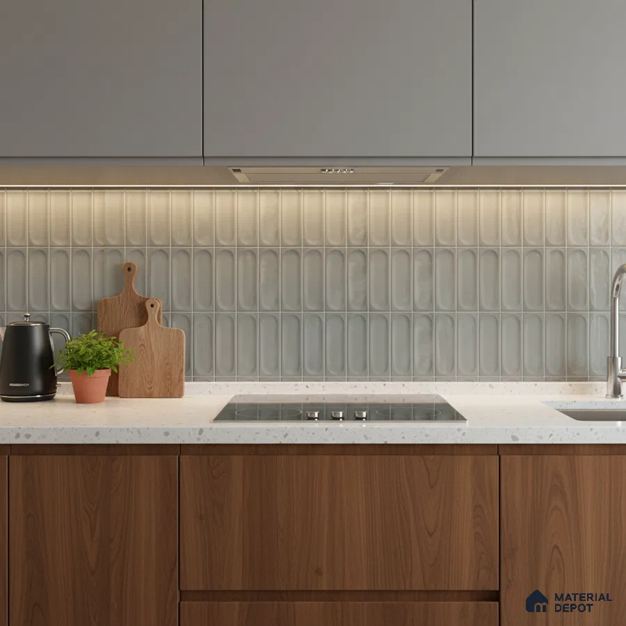 Modern kitchen with grey matte laminate, white quartz countertop, and wood base cabinets