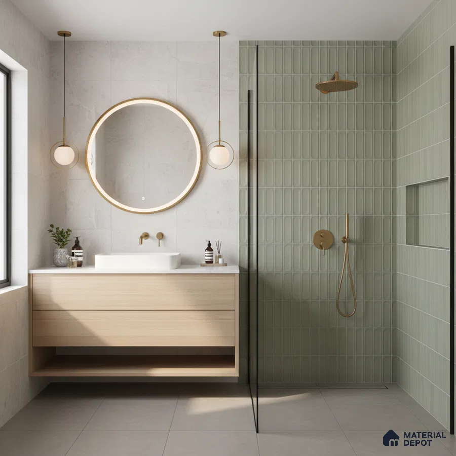 Scandinavian bathroom with sage green kitkat wall tiles and light wood floating vanity